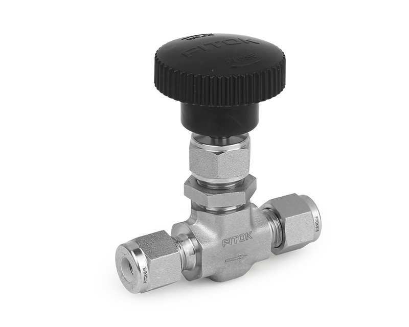 Needle Valve, Body: 316SS, MWP: 3,000psig, Packing: PTFE, Conn.: 1/4in. x 1/4in. Tube OD, 2-Ferrule, Orifice:4mm, Cv:0.35, Black Knob Handle