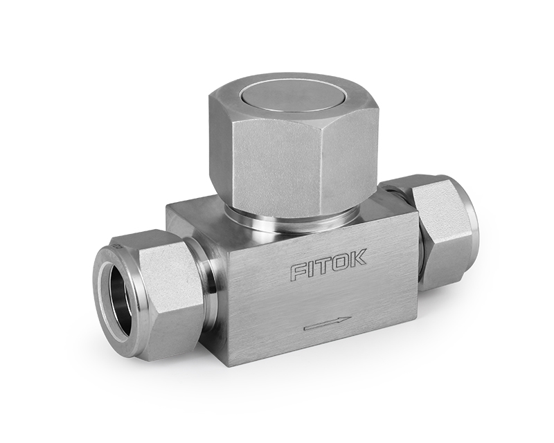 Check Valve, Body: 316SS/A479, MWP: 6,000psig, Poppet: S17400/A564, Conn.: 1/4in. x 1/4in. Tube OD, 2-Ferrule, Cv:0.3, Union-bonnet Design