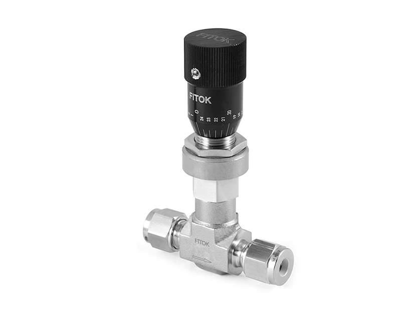 Metering Valve, Body: 316SS, MWP: 2,000psig, O-ring: FKM, Conn.: 6mm x 6mm Tube OD, 2-Ferrule, Orifice:0.81mm, Cv:0.004, Knurled Metallic Luster Handle, Without Shutoff Service