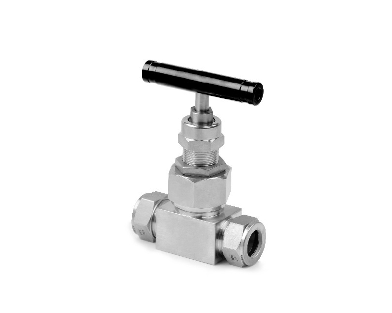 Needle Valve, Body: 316SS, MWP: 6,000psig, Packing: PTFE, Conn.: 6mm x 6mm Tube OD, 2-Ferrule,Orifice:4mm, Cv:0.35, Black Al T-bar Handle, Union Bonnet