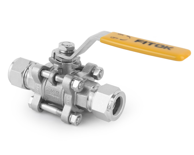 Ball Valve, Body: 316SS/CF8M, MWP: 1,000psig, Seat: PTFE, Conn.: 10mm x 10mm Tube OD, 2-Ferrule, Orifice:7.1mm, Cv:3.8, SS Lever Handle, 3-Piece Bolted Body