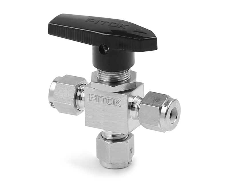 Ball Valve, Body: 316SS, MWP: 2,500psig, Seat: PTFE, Conn.: 3Ports x 1/4in. Tube OD, 2-Ferrule, Orifice:4.8mm, Cv:0.9, Black Nylon Handle, 3-way