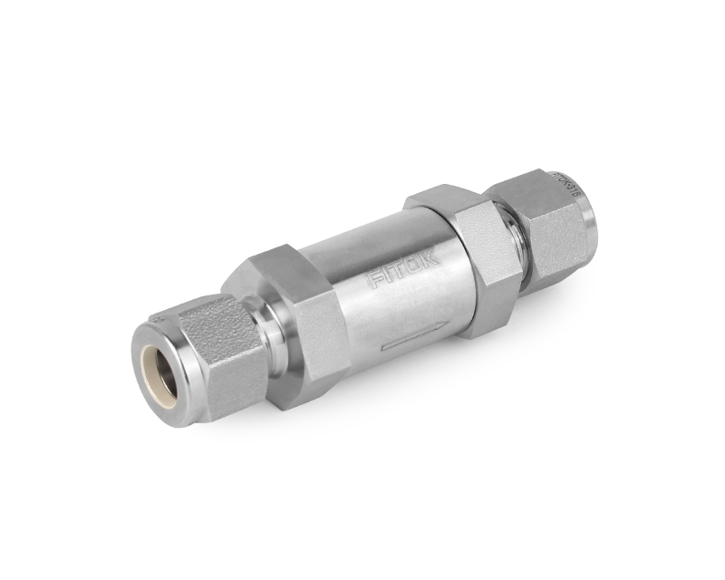 Check Valve, Body: 316SS, MWP: 3,000psig, Sealing: FKM, Conn.: 10mm x 10mm Tube OD, 2-Ferrule, Cracking Pressure: 3psig, Cv:1.68