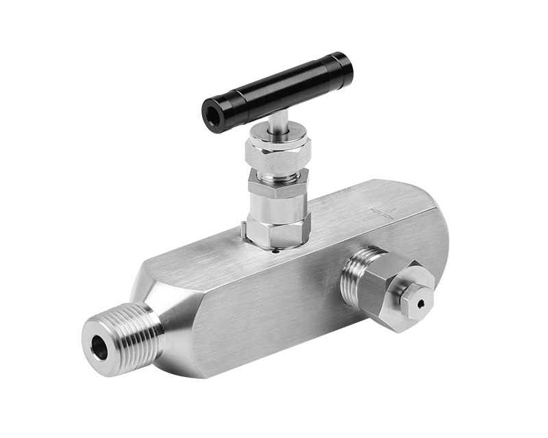 Gauge Valve, Body: 316SS, MWP: 6,000psig, Packing Material: PTFE, Inlet: 1/2in. (M)NPT, Outlets: 3Ports x 1/2in. Femal NPT with Plug &amp; Bleed Valve on Side Ports,  Anodized Aluminum T-bar Handle