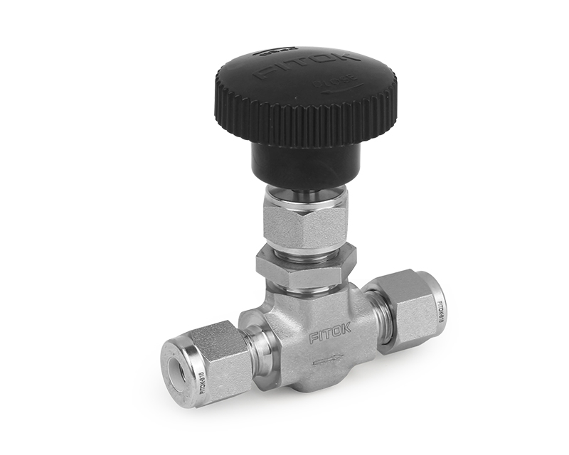 Needle Valve, Body: 316SS, MWP: 3,000psig, Packing: PTFE, Conn.: 3/8in. x 3/8in. Tube OD, 2-Ferrule, Oriffice: 6.4mm, Cv:0.7, Black Knob Handle
