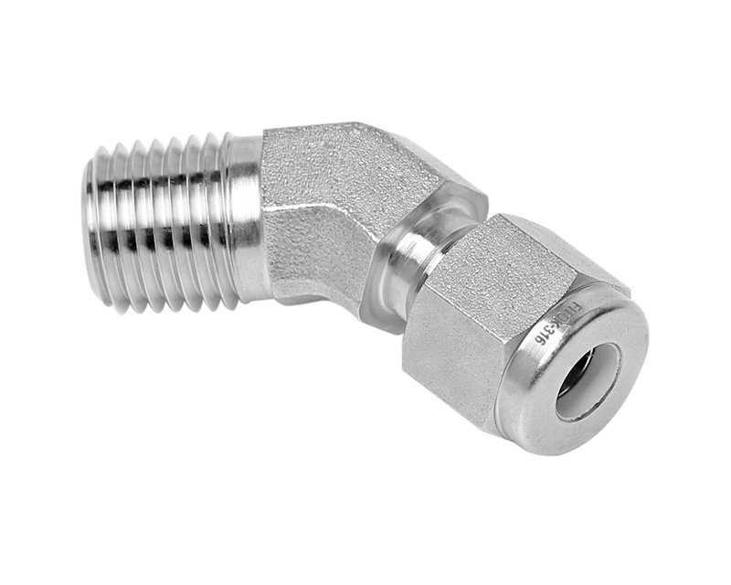 45° Male Elbow, 316SS, 3/8in. Tube OD, 2-Ferrule x 1/4in. (M)NPT, 45Deg.