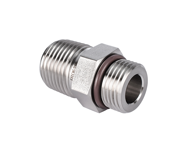 316 SS Pipe Fitting, Hex Nipple 1/2&quot; Male NPT × 3/4-16 Male SAE/MS