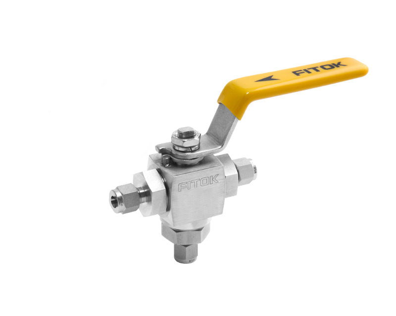 Ball Valve, Body: 316SS, MWP: 4,000psig (Bottom Inlet), Seat: PVDF, Conn.: 3Ports x 10mm Tube OD, 2-Ferrule, Orifice:10mm, Cv:3.7, SS Lever Handle, 3-Way Vertical