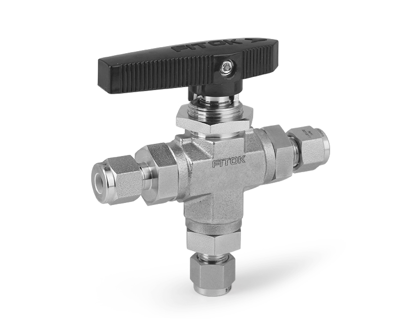 Ball Valve, Body: 316SS, MWP: 1,500psig (Bottom Inlet), Seat: PTFE, Conn.: 3Ports x 1/4in. Tube OD, 2-Ferrule, Orifice:4.7mm, Cv:0.7, Black Nylon Handle, 3-Way