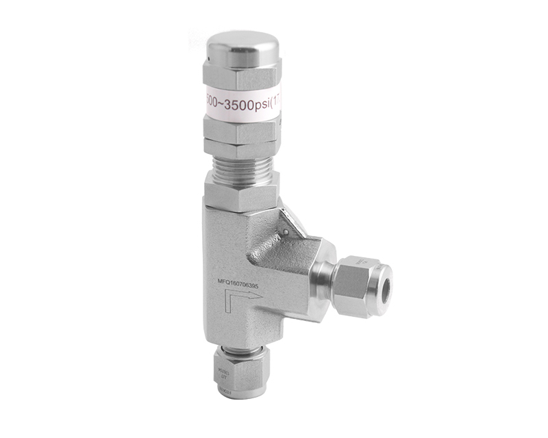 Relief Valve, Body: 316SS/A182, Sealing: FKM, Conn.: 6mm x 6mm Tube OD, 2-Ferrule, Orifice:3.6mm, Set Pressure Range: 50-300psig