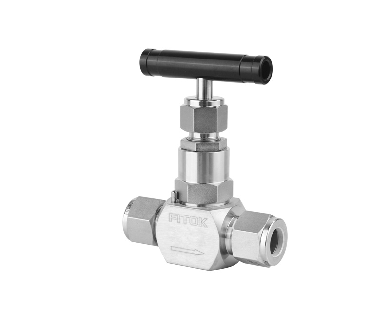 Needle Valve, Body: 316SS, MWP: 6,000psig, Packing: PTFE, Conn.: 3/8in. x 3/8in. Tube OD, 2-Ferrule, Orifice:6.4mm, Cv:0.85, Black Al T-bar Handle