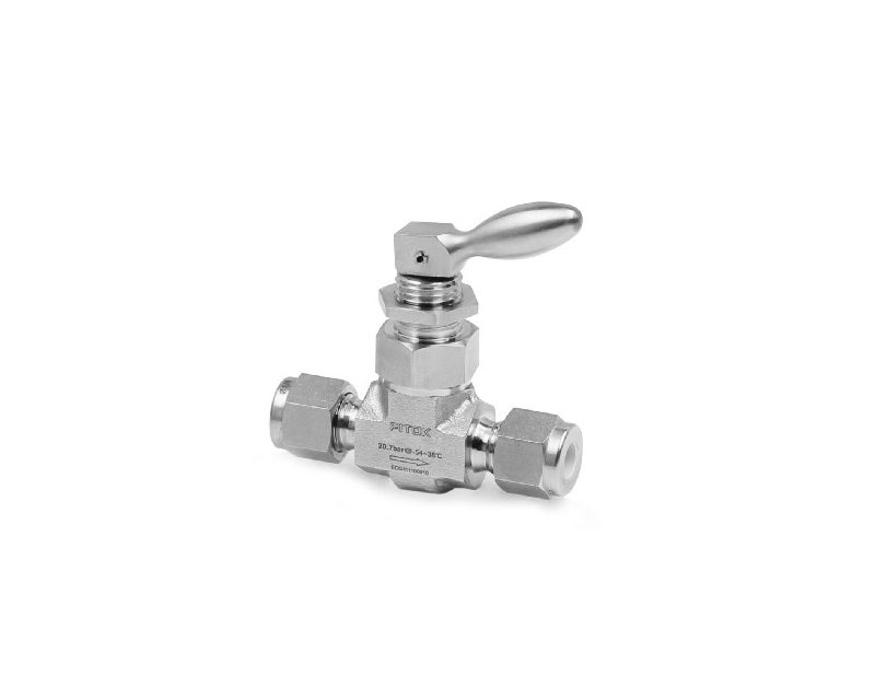 Needle Valve, Body: 316SS, MWP: 300psig, O-ring: FKM, Stem Tip: PTFE, Conn.: 8mm x 8mm Tube OD, 2-Ferrule, Orifice:3.2mm, Cv:0.2, Toggle Type