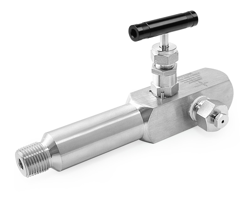 Gauge Valve, Body: 316SS, MWP: 6,000psig, Packing Material: PTFE, Inlet: 1/2in. (M)NPT, Outlets: 3Ports x 1/2in. Femal NPT with Plug &amp; Bleed Valve on Side Ports, Anodized Aluminum T-bar Handle, Body Style: Extended Type