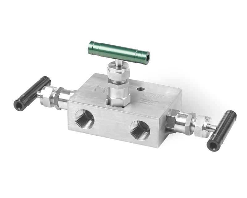 3-Valve Manifolds, Body: 316SS, MWP: 6000psig, Packing: PTFE, Inlet: 1/2in. (F)NPT, Outlet: 1/2in. (F)NPT, Vent: Optional,Cv: 0.35, Al T-bar Handles, Config: 2-Block &amp; 1-Equalize, Remote Mounting
